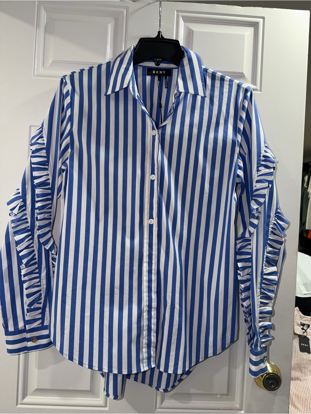 DKNY Blue and White Vertical Stripe Collared Button Shirt